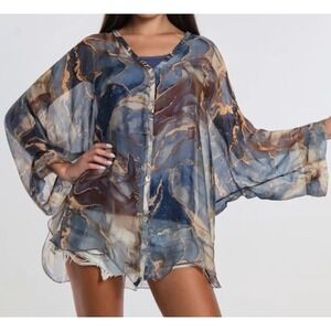 Gigi Moda Rosana Silk Sheer Blouse Button Up One Size Blue Gold Oversized Italy